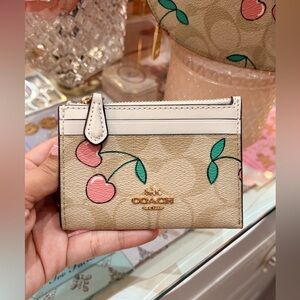 Coach Pink Cherry Signature Khaki Card Case Holder